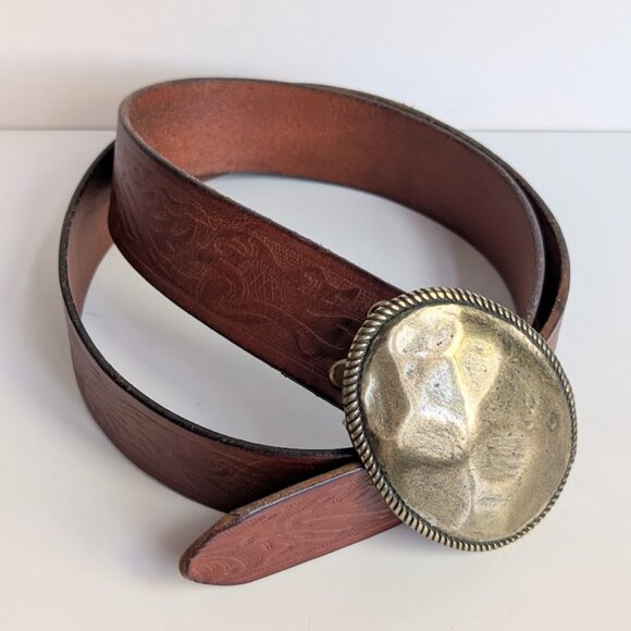 J. Crew Genuine Italian Leather Belt Brown Embossed Brass Buckle Sz:M - Picture 1 of 10